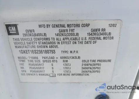 2003 GMC Envoy Xl Sle из США, поврежденный, VIN 1GKET16S236180793